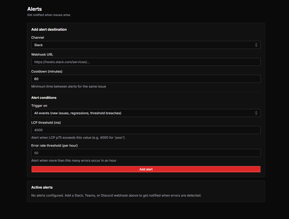 Alerts configuration screen with channel, webhook URL, cooldown, and trigger conditions